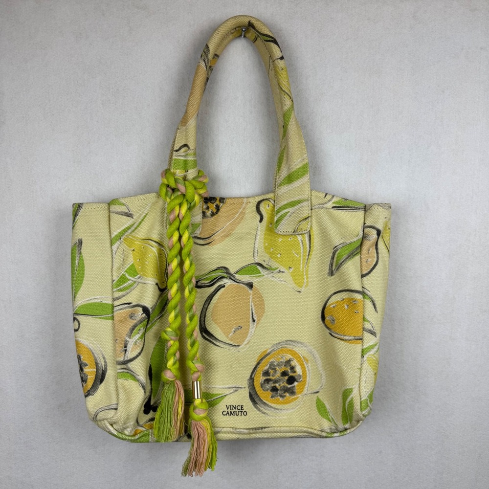 Vince Camuto Fruit Print Canvas Tote Bag Yellow Green Lemon Passionfruit Tassel